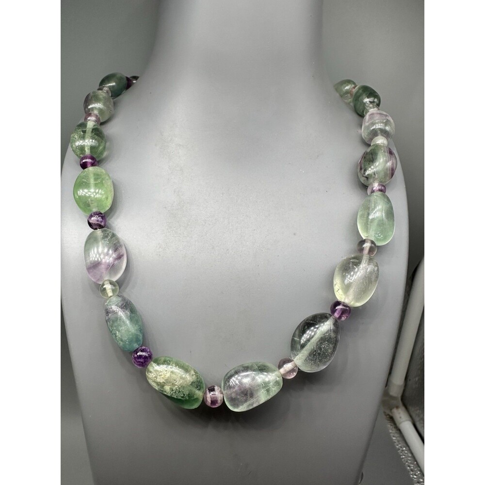 Vintage Green Purple Tumbled Stone Fluorite Beaded Necklace 21”